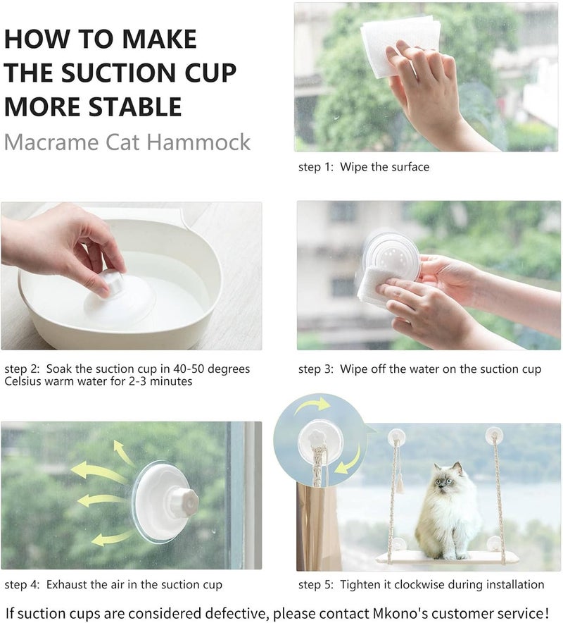 Mkono Cat Window Perch Hammock Seat, Boho Wall Mounted Cat Bed with Safety Metal Frame Space Saving Macrame Swing Shelf with Funny Tassel for Indoor Kitty Pet Resting Place with Screw Suction Cups - Image 4