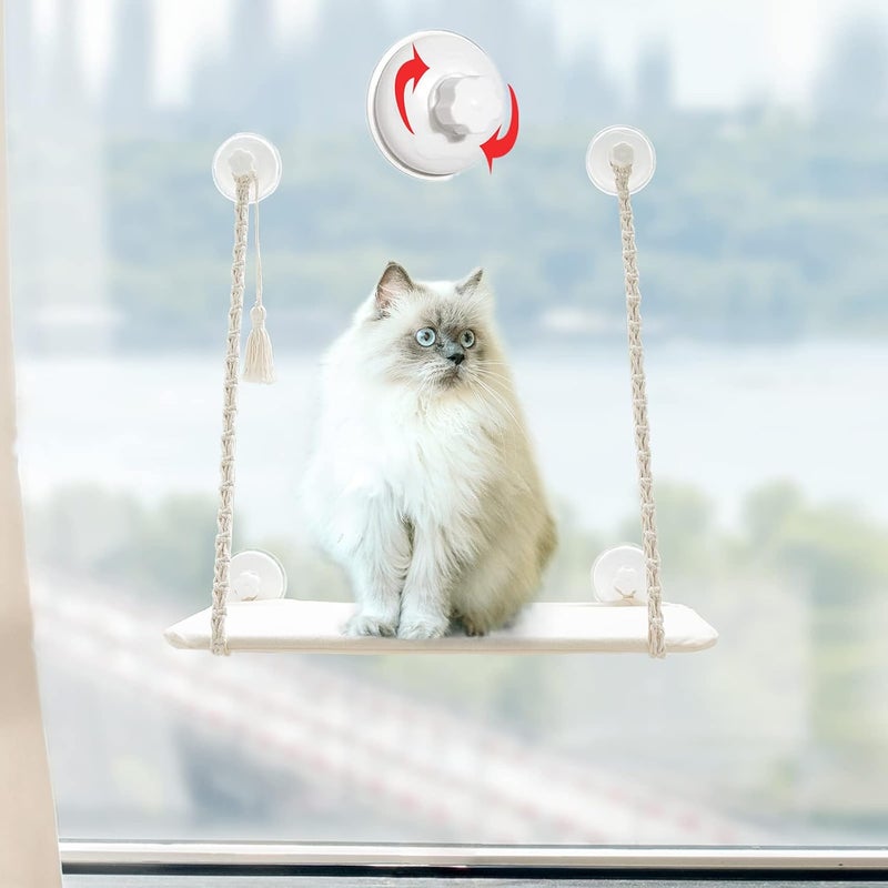 Mkono Cat Window Perch Hammock Seat, Boho Wall Mounted Cat Bed with Safety Metal Frame Space Saving Macrame Swing Shelf with Funny Tassel for Indoor Kitty Pet Resting Place with Screw Suction Cups - Image 1