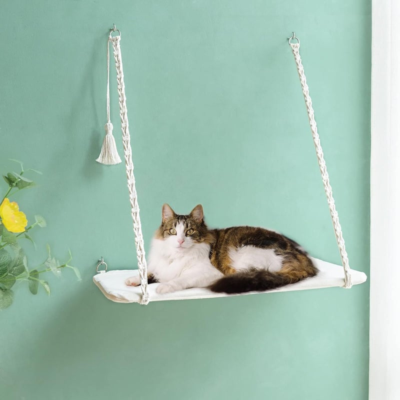 Mkono Cat Window Perch Hammock Seat, Boho Wall Mounted Cat Bed with Safety Metal Frame Space Saving Macrame Swing Shelf with Funny Tassel for Indoor Kitty Pet Resting Place with Screw Suction Cups - Image 3