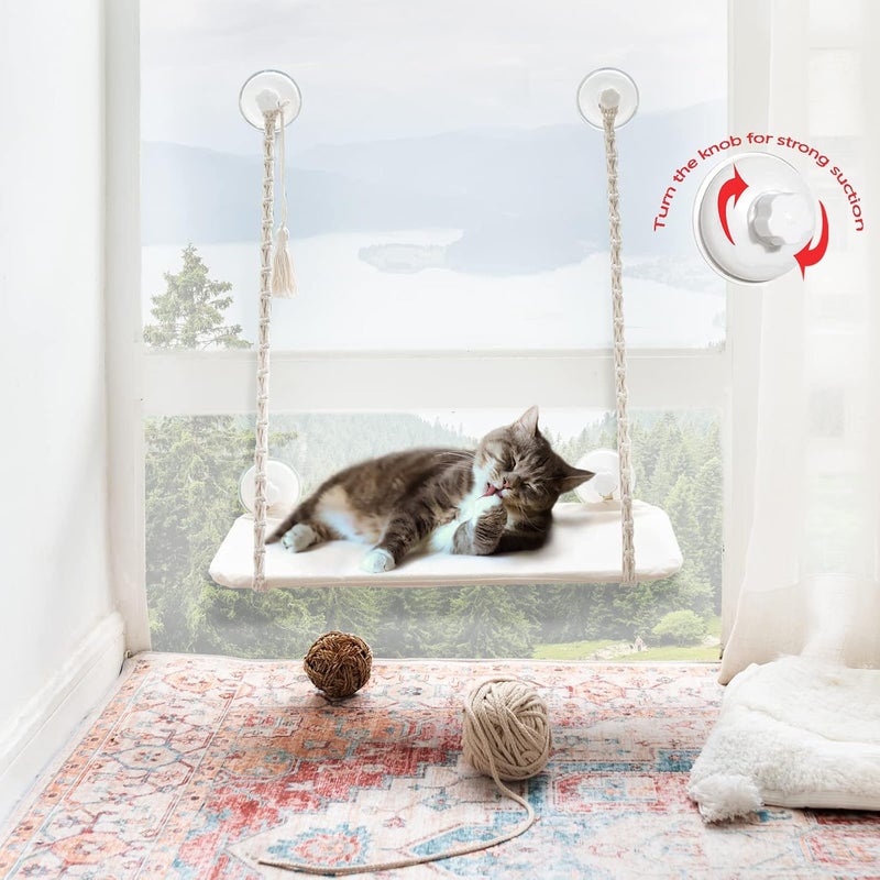 Mkono Cat Window Perch Hammock Seat, Boho Wall Mounted Cat Bed with Safety Metal Frame Space Saving Macrame Swing Shelf with Funny Tassel for Indoor Kitty Pet Resting Place with Screw Suction Cups - Image 2