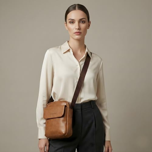 GIORDANO Unisex Premium Compact Sling Bag | PU Faux Leather | Front Pocket with Button Closure | Minimalist Crossbody for Travel and Daily Essentials for Men & Women | TAN - Image 3