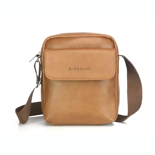 GIORDANO Unisex Premium Compact Sling Bag | PU Faux Leather | Front Pocket with Button Closure | Minimalist Crossbody for Travel and Daily Essentials for Men & Women | TAN - Image 1