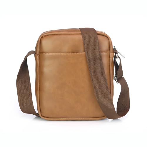 GIORDANO Unisex Premium Compact Sling Bag | PU Faux Leather | Front Pocket with Button Closure | Minimalist Crossbody for Travel and Daily Essentials for Men & Women | TAN - Image 2