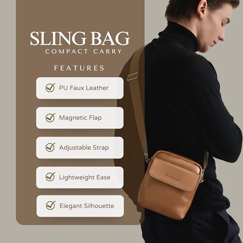 GIORDANO Unisex Premium Compact Sling Bag | PU Faux Leather | Front Pocket with Button Closure | Minimalist Crossbody for Travel and Daily Essentials for Men & Women | TAN - Image 5