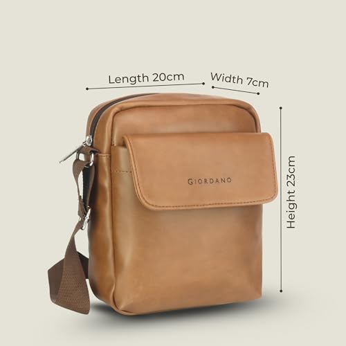 GIORDANO Unisex Premium Compact Sling Bag | PU Faux Leather | Front Pocket with Button Closure | Minimalist Crossbody for Travel and Daily Essentials for Men & Women | TAN - Image 4