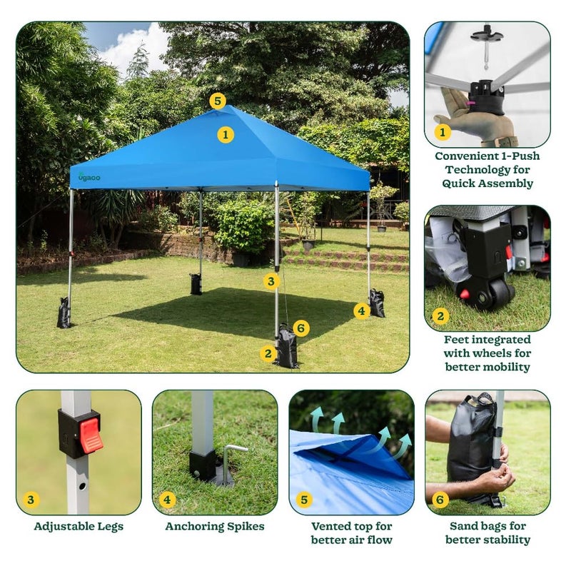 Ugaoo Ugaoo 10x10 PopUp GazeboCanopy Tent with One Push Setup Easy Outdoor Sun Shade for Events Parties Camping Gazebo with STONGo Cover Bag Silver Coated Top ColourBlue  - Image 4
