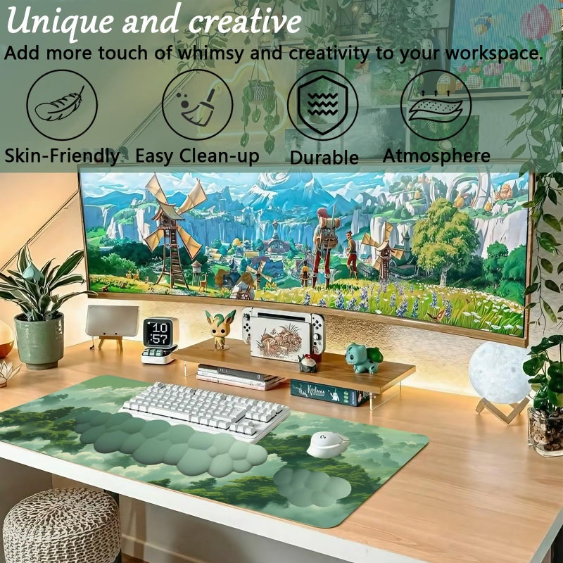 WFCYGL Green Cloud Mouse Pad and Keyboard Wrist Rest 4PCS Extended Forest Mountain Aesthetic Large Desk Mat Pad Set Memory Foam Non-Slip Cute Ergonomic Gaming Mouse Pad Wrist Support for Computer Home Office - Image 2