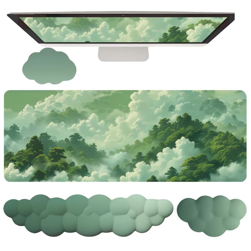 WFCYGL Green Cloud Mouse Pad and Keyboard Wrist Rest 4PCS Extended Forest Mountain Aesthetic Large Desk Mat Pad Set Memory Foam Non-Slip Cute Ergonomic Gaming Mouse Pad Wrist Support for Computer Home Office - Image 1