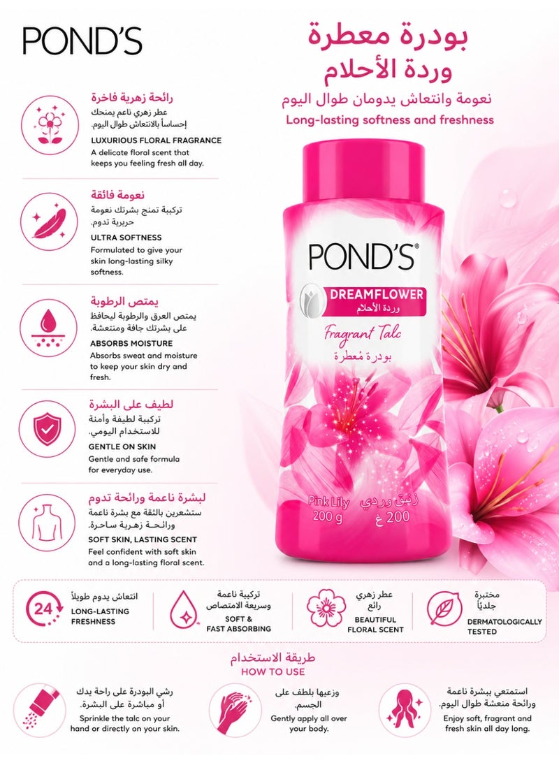 PONDS Dreamflower Pink Lily Fragrant Talc, Long-Lasting Freshness, 200g - Image 2