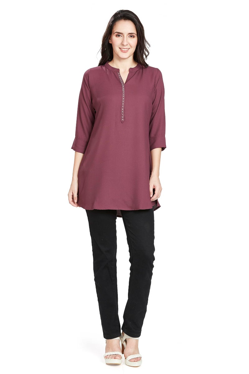 nioni Women's Straight Short Kurti -Tunic, 3/4 Sleeves, Manderian Collar, Hip Length, for Woman & Girl (10783_Wine_XXL) - Image 2