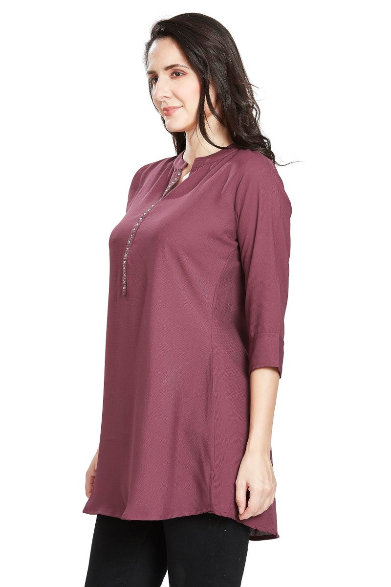 nioni Women's Straight Short Kurti -Tunic, 3/4 Sleeves, Manderian Collar, Hip Length, for Woman & Girl (10783_Wine_XXL) - Image 4