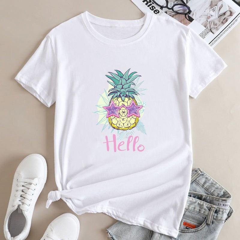 Summer Supply Women'S Shirt Loose Round Neck Hawaiian Pineapple Printed Round Neck Modal Short-Sleeved T-Shirt - Image 4