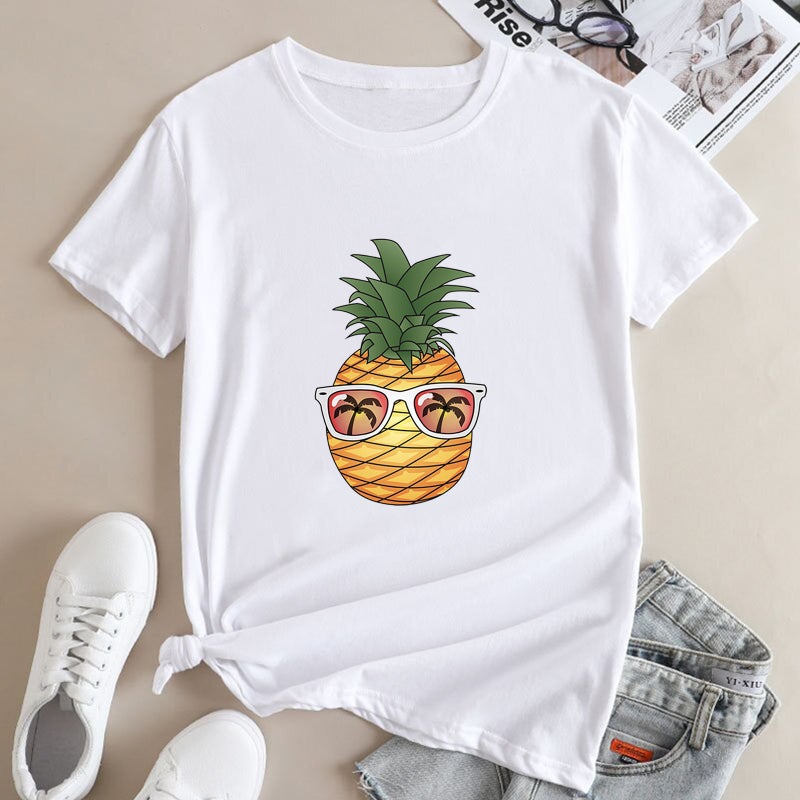 Summer Supply Women'S Shirt Loose Round Neck Hawaiian Pineapple Printed Round Neck Modal Short-Sleeved T-Shirt - Image 5