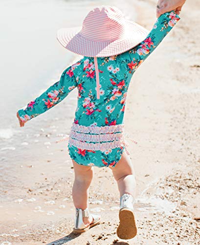 RuffleButts Baby Girls UPF 50+ Sun Protection Floral Printed Long Sleeve One Piece Rash Guard Swimsuit with Zipper - Fancy Me Floral, 6-12m - Image 4