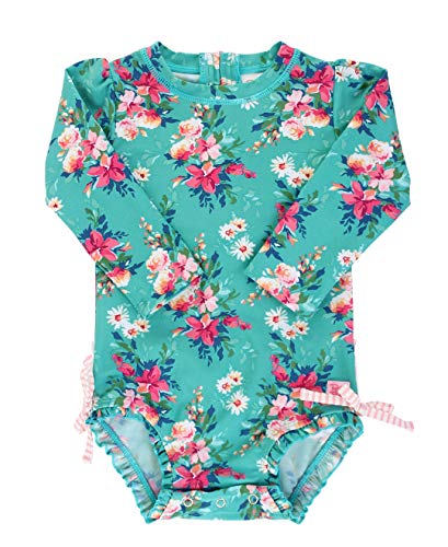 RuffleButts Baby Girls UPF 50+ Sun Protection Floral Printed Long Sleeve One Piece Rash Guard Swimsuit with Zipper - Fancy Me Floral, 6-12m - Image 2