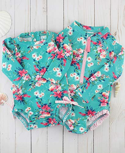 RuffleButts Baby Girls UPF 50+ Sun Protection Floral Printed Long Sleeve One Piece Rash Guard Swimsuit with Zipper - Fancy Me Floral, 6-12m - Image 5