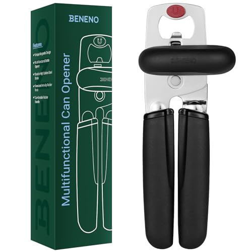 Beneno Can Opener, Heavy Duty Manual Can Opener with Magnet Lid Lifter & Bottle Opener, Hand Can Opener Manual with Ergonomic Soft Grip, Easy Turn Knob for Arthritis & Weak Hands, Easy to Use, Black - Image 1