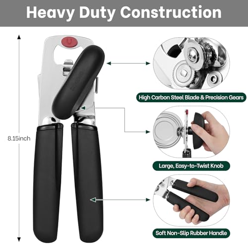 Beneno Can Opener, Heavy Duty Manual Can Opener with Magnet Lid Lifter & Bottle Opener, Hand Can Opener Manual with Ergonomic Soft Grip, Easy Turn Knob for Arthritis & Weak Hands, Easy to Use, Black - Image 2