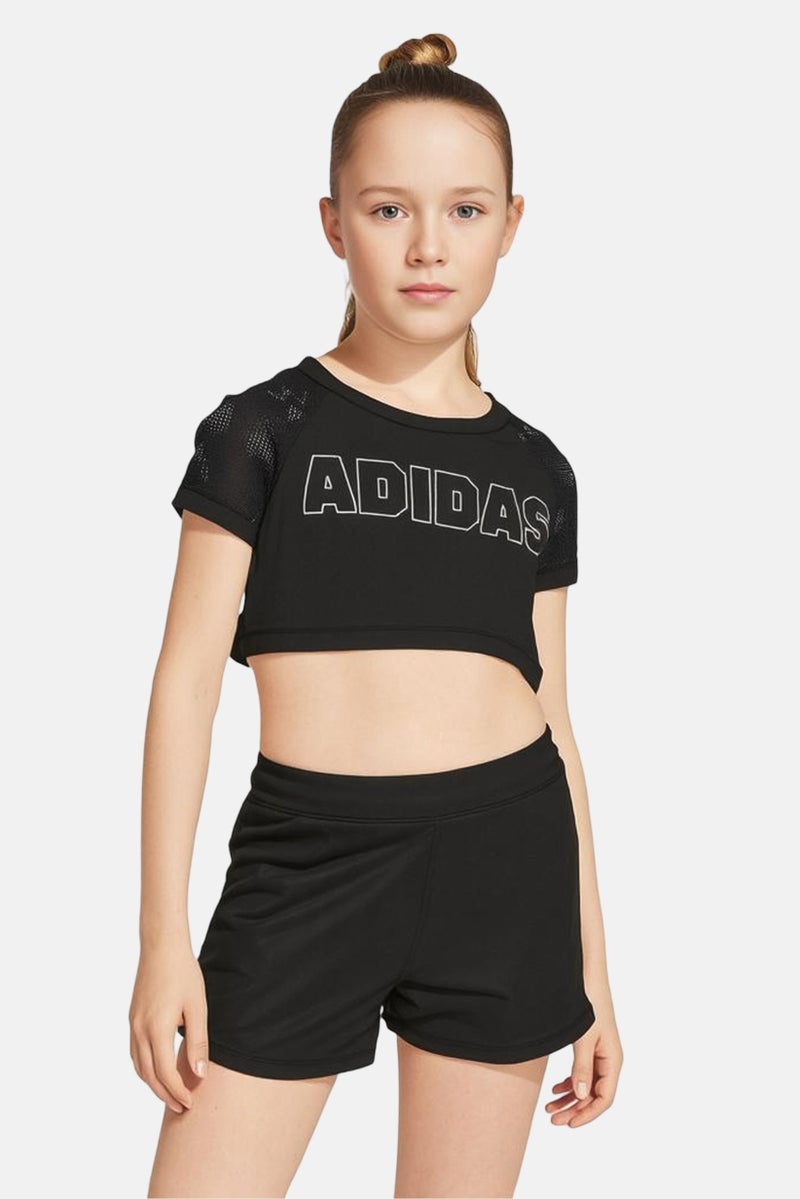 Adidas Kids Girl Brand Logo Short Sleeve Outdoor Crop Top, Black - Image 1