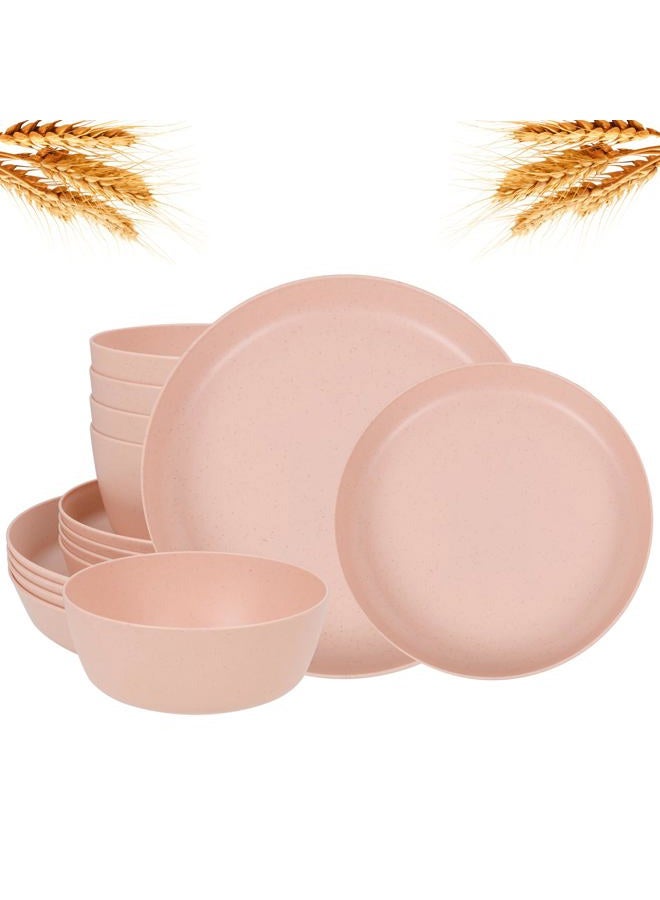 ejonirinjonir EI 12pcs Pink Wheat Straw Plates,Wheat Straw Dinnerware Set for 4,Plates and Bowls Sets,Plastic Plate Reusable,Unbreakable Plastic Plate Melamine,Camping Family Dishes Set - Image 1