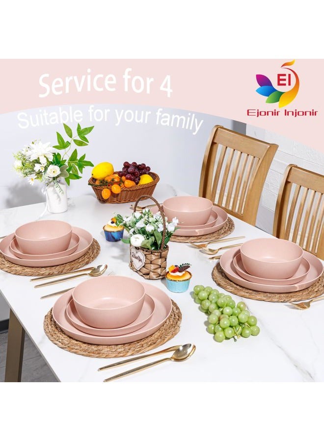 ejonirinjonir EI 12pcs Pink Wheat Straw Plates,Wheat Straw Dinnerware Set for 4,Plates and Bowls Sets,Plastic Plate Reusable,Unbreakable Plastic Plate Melamine,Camping Family Dishes Set - Image 5