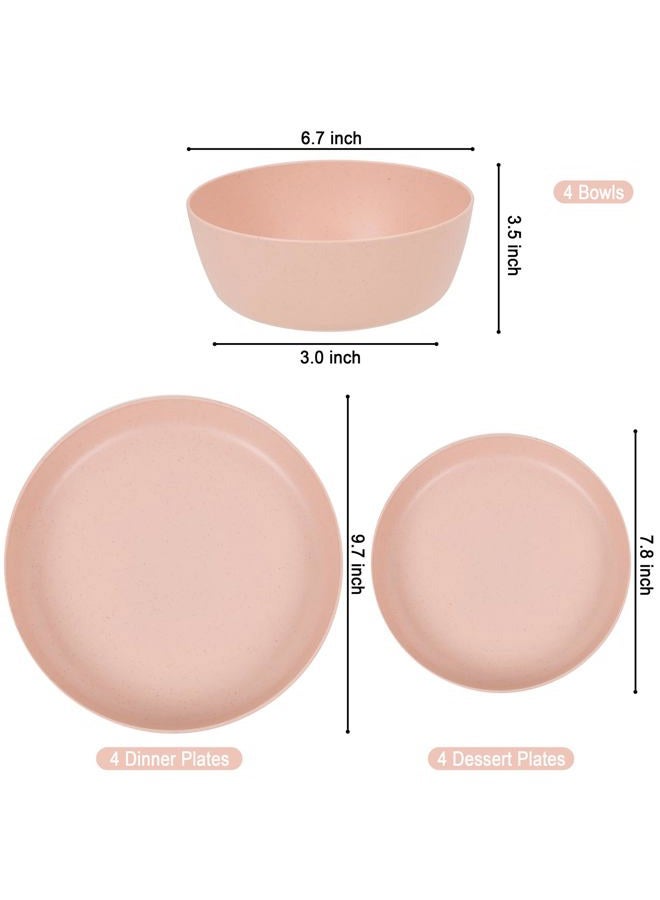 ejonirinjonir EI 12pcs Pink Wheat Straw Plates,Wheat Straw Dinnerware Set for 4,Plates and Bowls Sets,Plastic Plate Reusable,Unbreakable Plastic Plate Melamine,Camping Family Dishes Set - Image 2