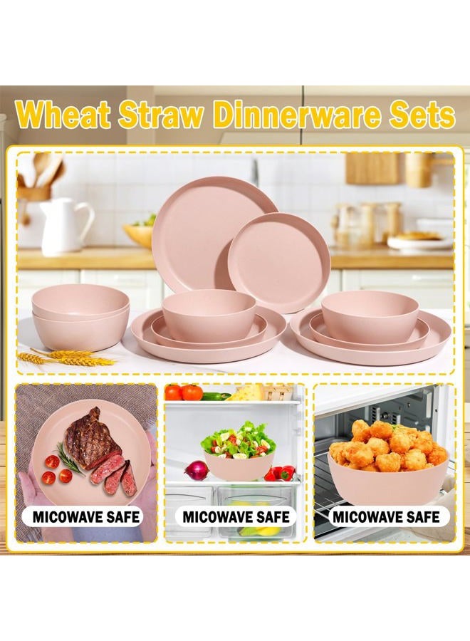 ejonirinjonir EI 12pcs Pink Wheat Straw Plates,Wheat Straw Dinnerware Set for 4,Plates and Bowls Sets,Plastic Plate Reusable,Unbreakable Plastic Plate Melamine,Camping Family Dishes Set - Image 4