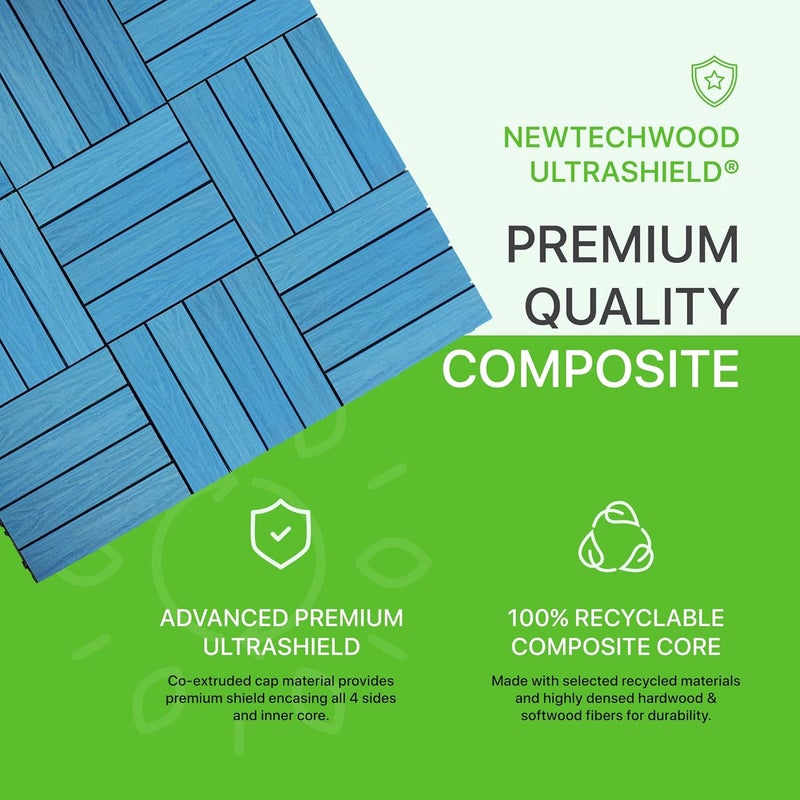 NewTechWood بلاط سطح خارجي مركب سريع التركيب UltraShield Naturale 1 قدم × 1 قدم باللون الأزرق الكاريبي (10 قدم مربع لكل صندوق) - Image 2