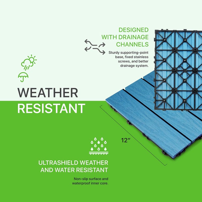NewTechWood بلاط سطح خارجي مركب سريع التركيب UltraShield Naturale 1 قدم × 1 قدم باللون الأزرق الكاريبي (10 قدم مربع لكل صندوق) - Image 3