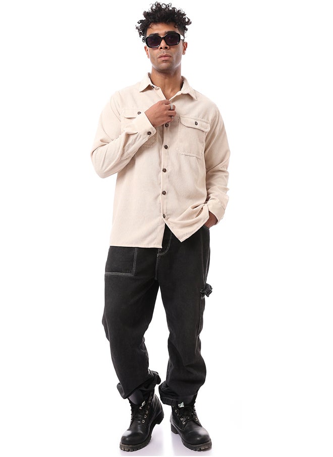 RAVIN - Beige Corduroy Shirt with Buttoned Cuffs - Image 1
