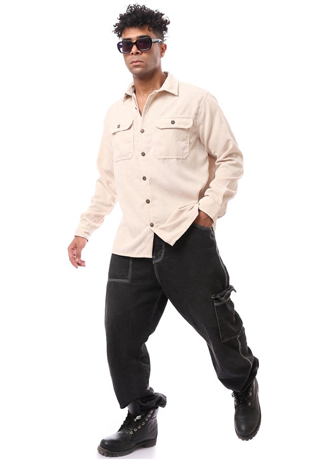 RAVIN - Beige Corduroy Shirt with Buttoned Cuffs - Image 1