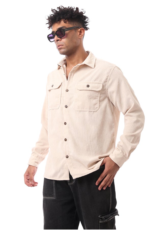 RAVIN - Beige Corduroy Shirt with Buttoned Cuffs - Image 1