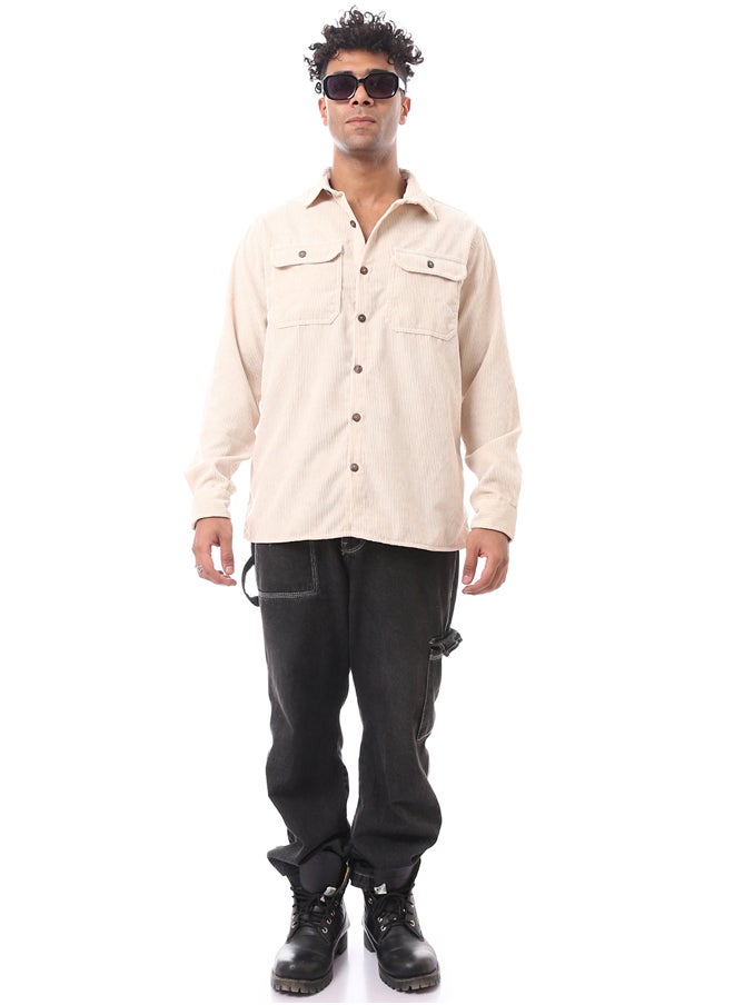 RAVIN - Beige Corduroy Shirt with Buttoned Cuffs - Image 1