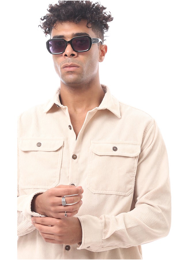 RAVIN - Beige Corduroy Shirt with Buttoned Cuffs - Image 1