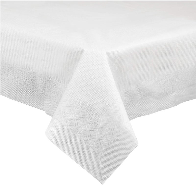 PLASTICPRO PLASTICPRO Disposable 3 Ply Paper  Plastic Tablecloth Absorbent Waterproof White Table Cover for Rectangle Tables fits 68 Foot Tables Size 54 X 108 Case of 40 