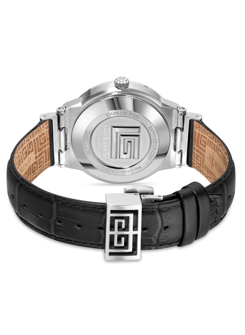 Guy Laroche Sacha Watch for Men with Black Genuine Leather Strap 42 mm 5 Atm  - Image 3
