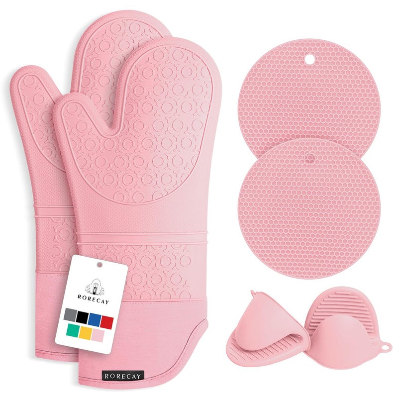 Rorecay Extra Long Oven Mitts and Pot Holders Sets: Heat Resistant Silicone Oven Mittens with Mini Oven Gloves and Hot Pads Potholders for Kitchen Baking Cooking  Quilted Liner  Pack of 6 (Pink) - Image 1
