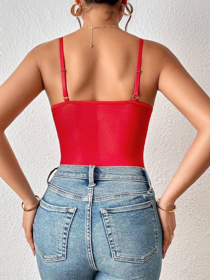 RioDebella Beera Women's Floral Lace Sheer Spaghetti Strap Scallop Trim Bustier Cami Bodysuit Top - Image 2