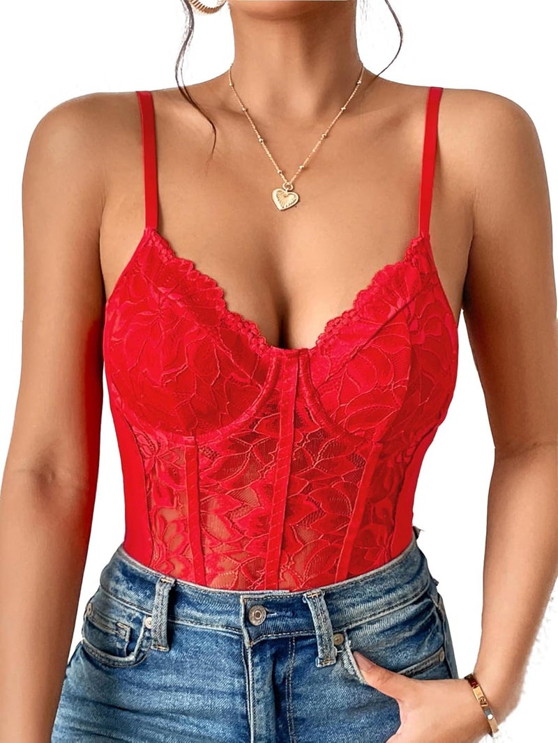 RioDebella Beera Women's Floral Lace Sheer Spaghetti Strap Scallop Trim Bustier Cami Bodysuit Top - Image 1