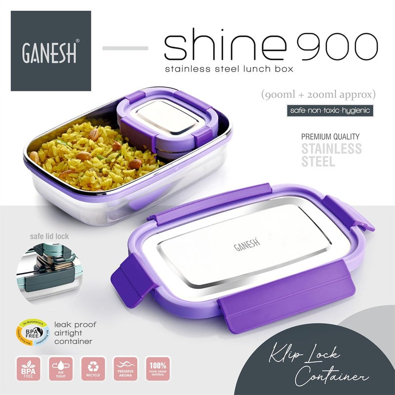 GANESH صندوق غداء غير قابل للتسرب من الفولاذ المقاوم للصدأ من غانيش - 900 مل - أزرق - Image 2