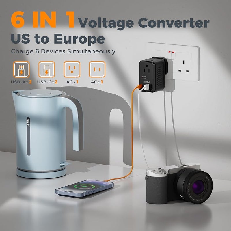 TESSAN 220 to 110 Voltage Converter US to Europe, International Power Adapter with 4 USB Ports(2 USB C), 2 AC and EU/UK/AU Plug Universal Power Converter Adapter Combo, Step Down Transformer Black - Image 5