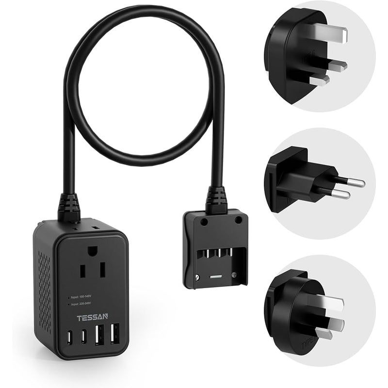 TESSAN 220 to 110 Voltage Converter US to Europe, International Power Adapter with 4 USB Ports(2 USB C), 2 AC and EU/UK/AU Plug Universal Power Converter Adapter Combo, Step Down Transformer Black - Image 1