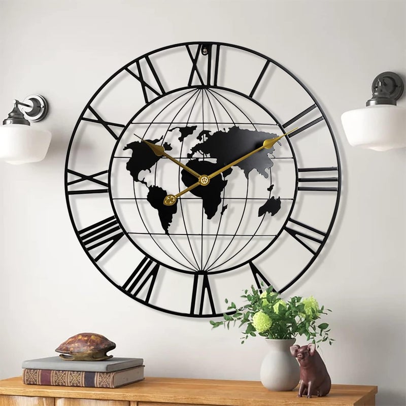 KEQAM Space saving design picks Large World Map Wall Clock,Metal Minimalist Modern Clock, Round Silent Non-Ticking Battery Operated Wall Clocks for Living Room/Home/Kitchen/Bedroom/Office/School Decor (24 Inch) Modern color selections - Image 1
