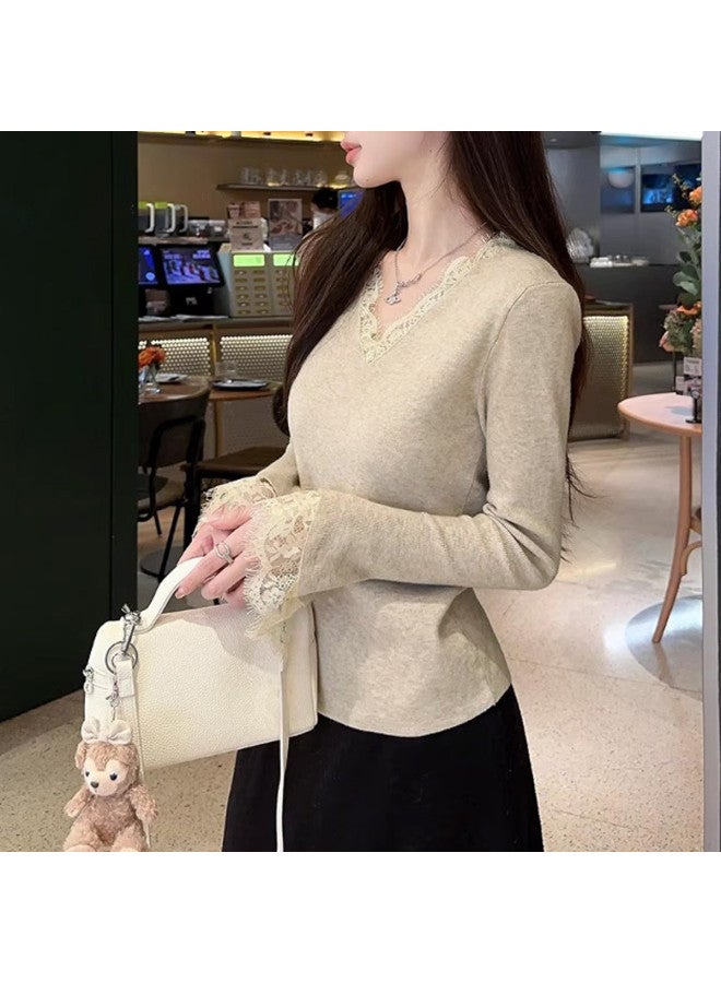 Modal French V-Neck Elegant Lace Trim Knitwear Autumn Winter Lace Base Layer Women'S Inner Wear High-End Sense Sweater - Image 4