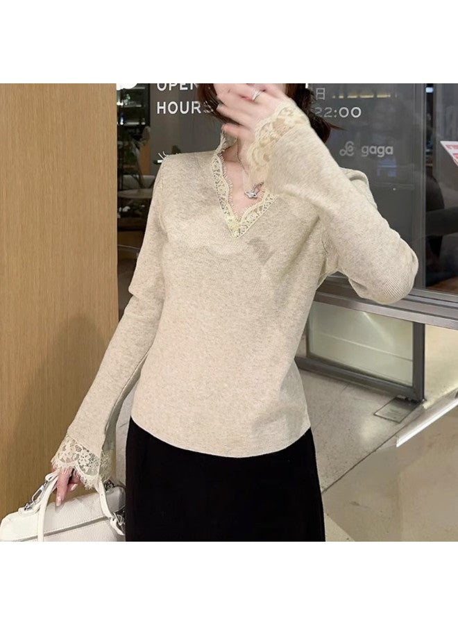 Modal French V-Neck Elegant Lace Trim Knitwear Autumn Winter Lace Base Layer Women'S Inner Wear High-End Sense Sweater - Image 5