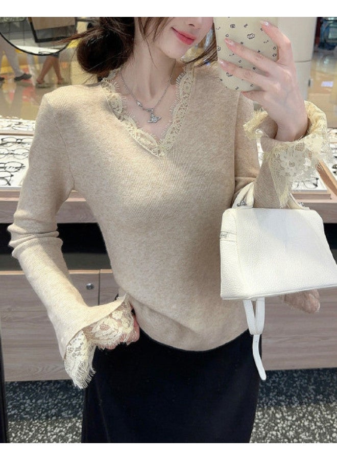 Modal French V-Neck Elegant Lace Trim Knitwear Autumn Winter Lace Base Layer Women'S Inner Wear High-End Sense Sweater - Image 1