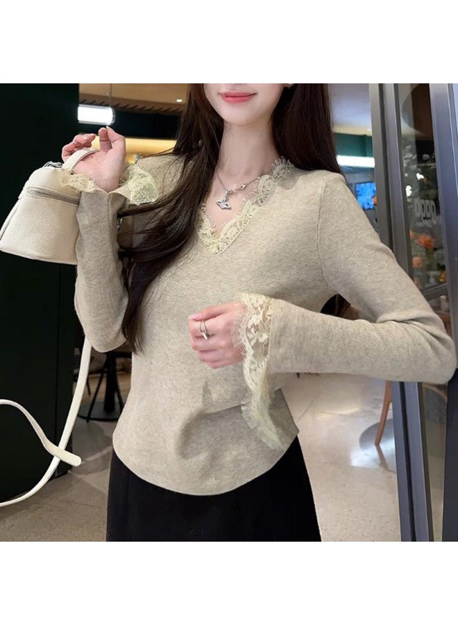 Modal French V-Neck Elegant Lace Trim Knitwear Autumn Winter Lace Base Layer Women'S Inner Wear High-End Sense Sweater - Image 3