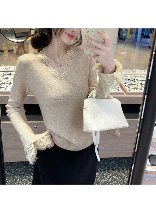 Modal French V-Neck Elegant Lace Trim Knitwear Autumn Winter Lace Base Layer Women'S Inner Wear High-End Sense Sweater - Image 2