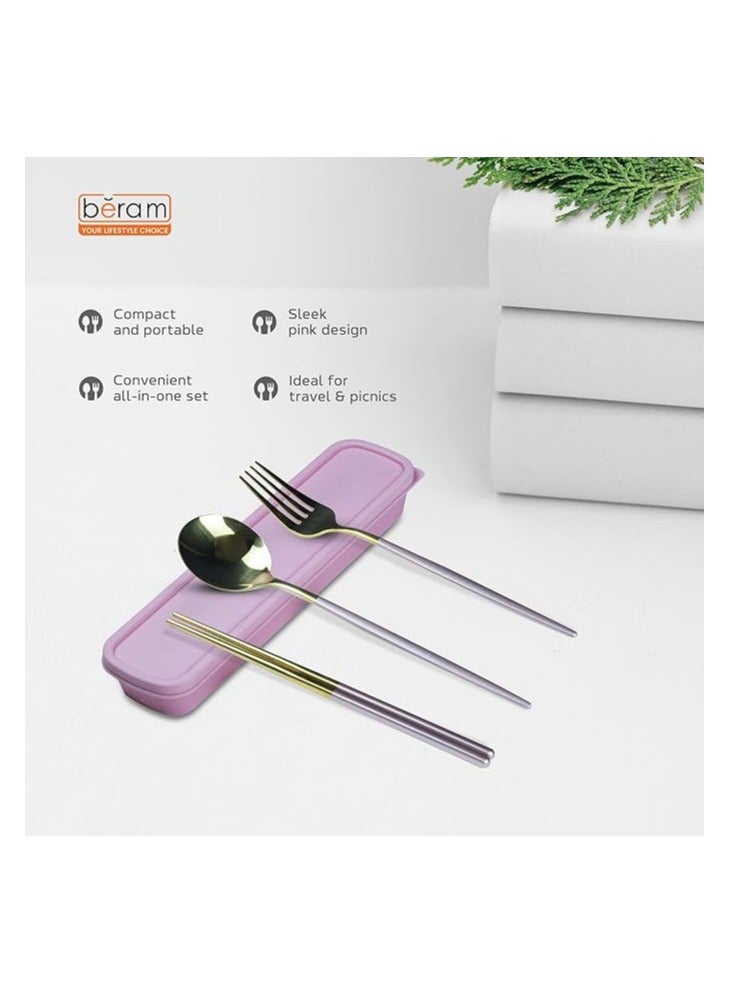 بيرام مجموعة أدوات المائدة بيرام تشوب فورك آند سبون – 4 قطع مع علبة تخزين (وردي) ملعقة، شوكة، عيدان طعام (Chopsticks) بمقابض أنيقة غير قابلة للانزلاق | مجموعة أدوات مائدة قابلة لإعادة الاستخدام للاستخدام في المنزل، المكتب، السفر، والمطاعم. - Image 3