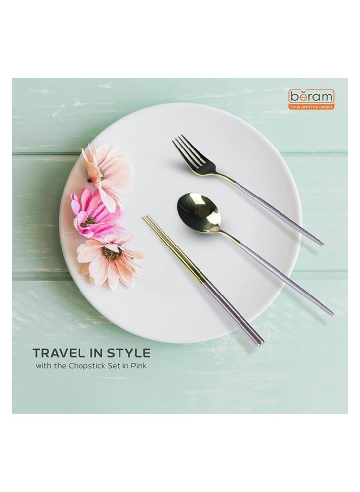 بيرام مجموعة أدوات المائدة بيرام تشوب فورك آند سبون – 4 قطع مع علبة تخزين (وردي) ملعقة، شوكة، عيدان طعام (Chopsticks) بمقابض أنيقة غير قابلة للانزلاق | مجموعة أدوات مائدة قابلة لإعادة الاستخدام للاستخدام في المنزل، المكتب، السفر، والمطاعم. - Image 2